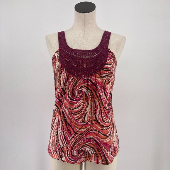 Prana Womens Top Sleeveless Tank Crochet Detail Pink Orange Print Size Small - Picture 1 of 6
